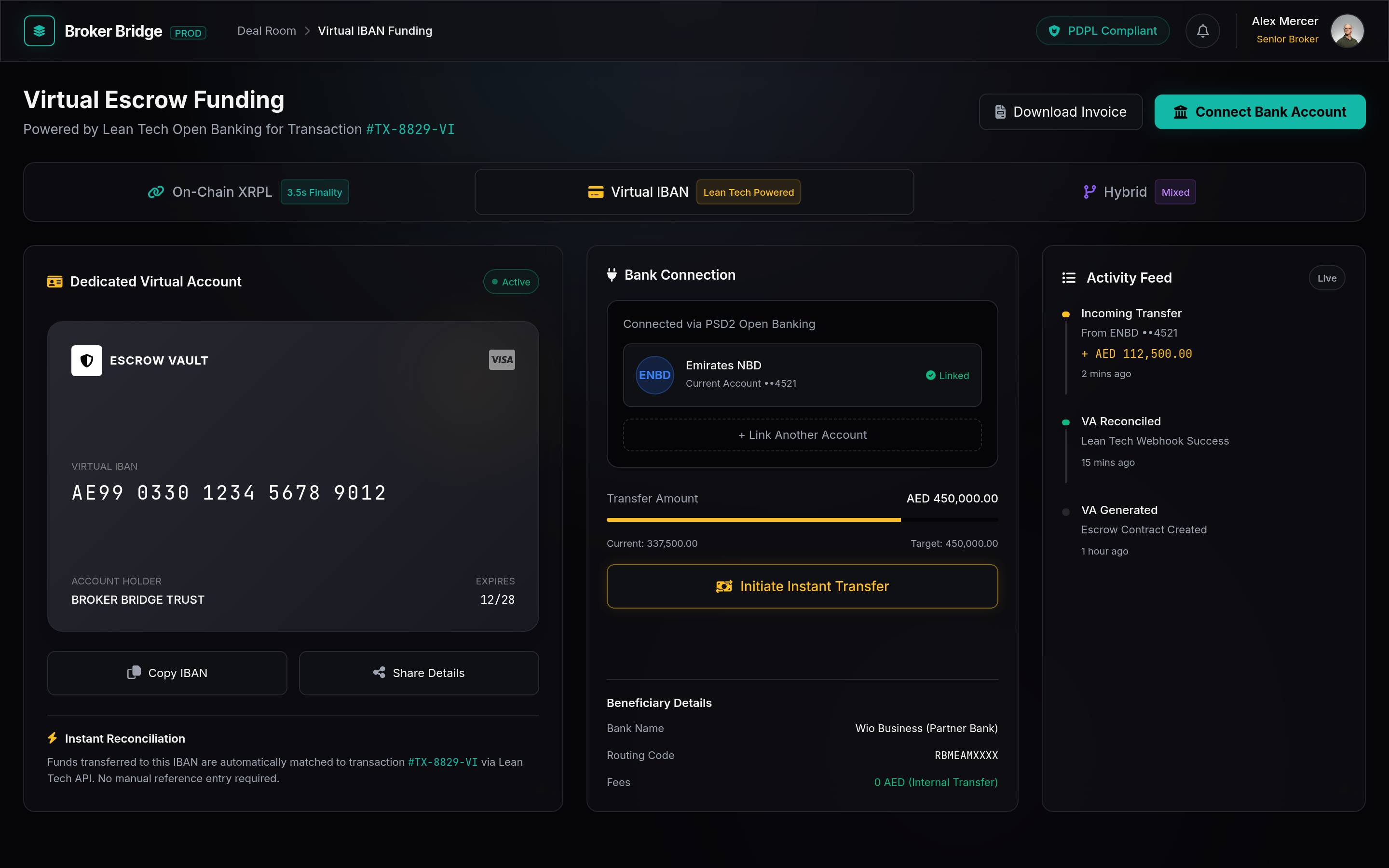 Virtual IBAN funding screen showing a dedicated escrow IBAN on Wio Business, Emirates NBD connected via PSD2 Open Banking, and a live Lean Tech activity feed auto-matching the incoming transfer to the deal