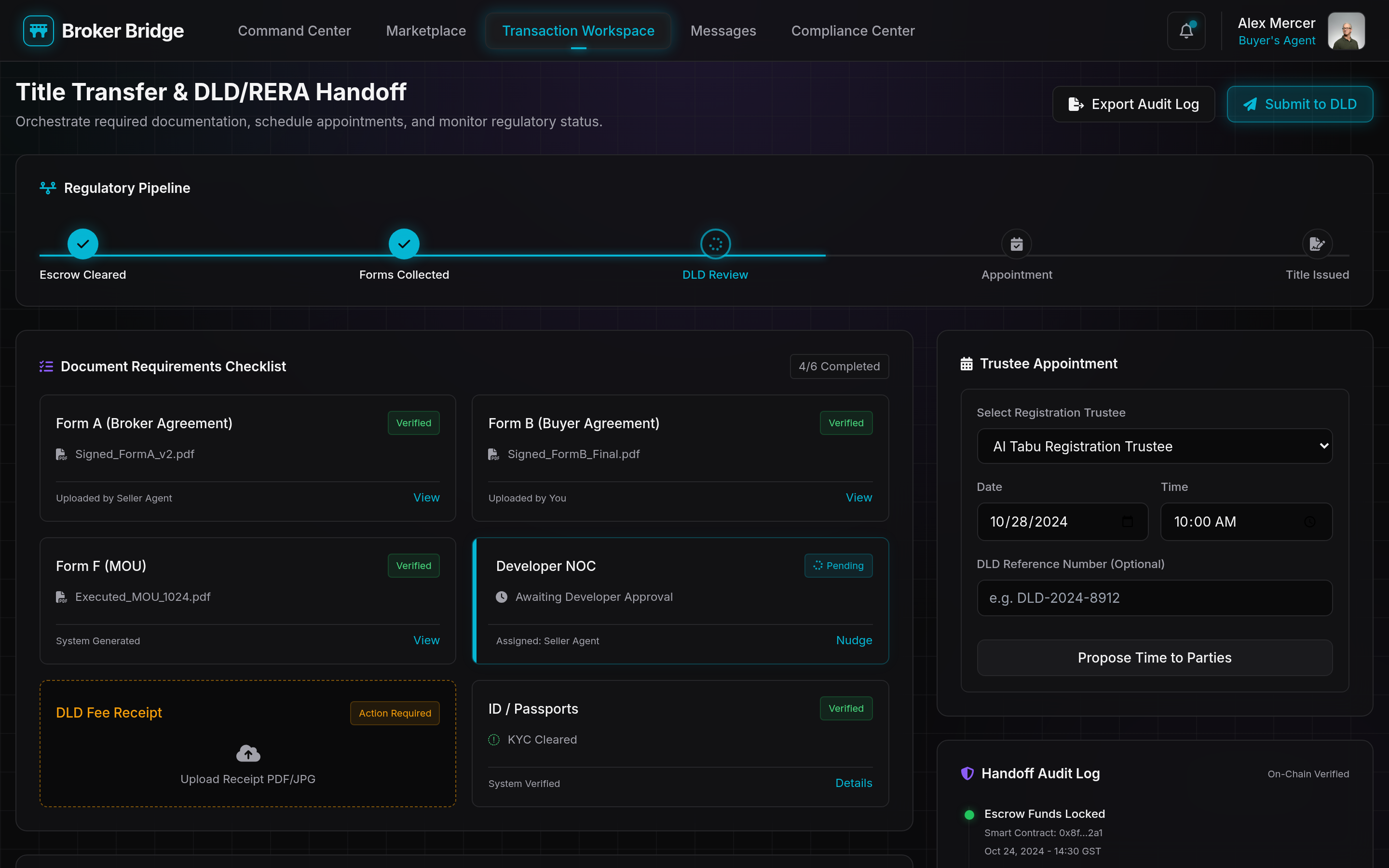Title Transfer and DLD/RERA Handoff UI showing regulatory pipeline, document requirements, and trustee appointment